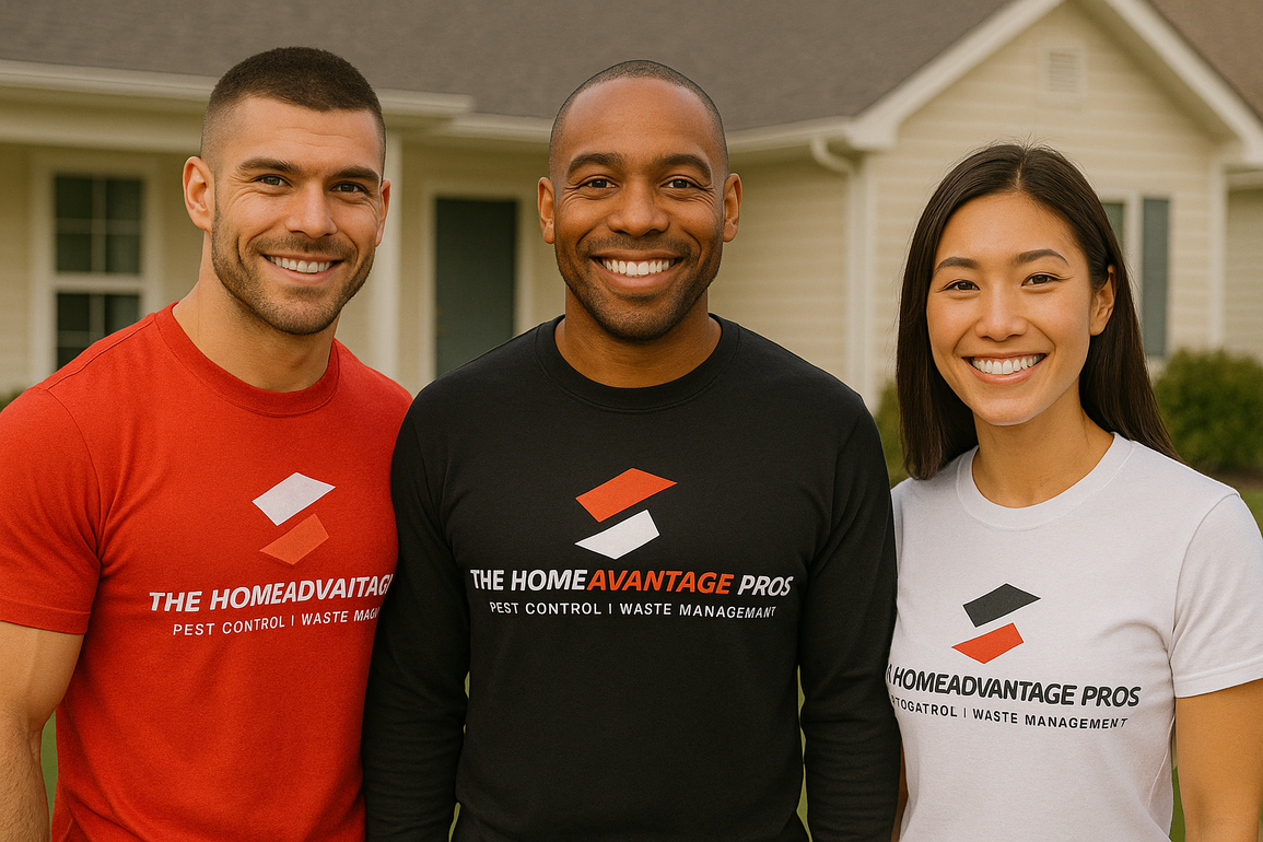 Three smiling pest control professionals wearing branded 