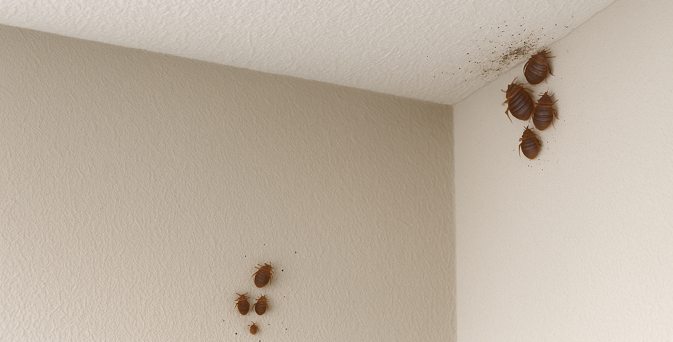 Home Advantage Pest Services showing bedbug clusters in home and seed sized dots of fecal matter left by bedbugs 