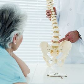 doctor pointing at example of a spine