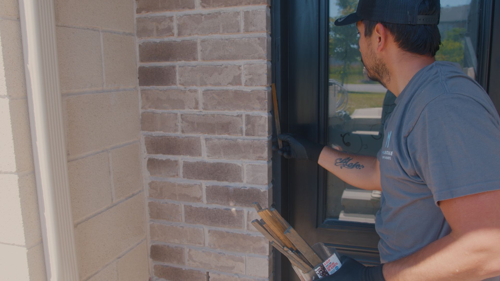 Une personne en chemise grise déverrouille une porte noire à côté d'un mur de briques.