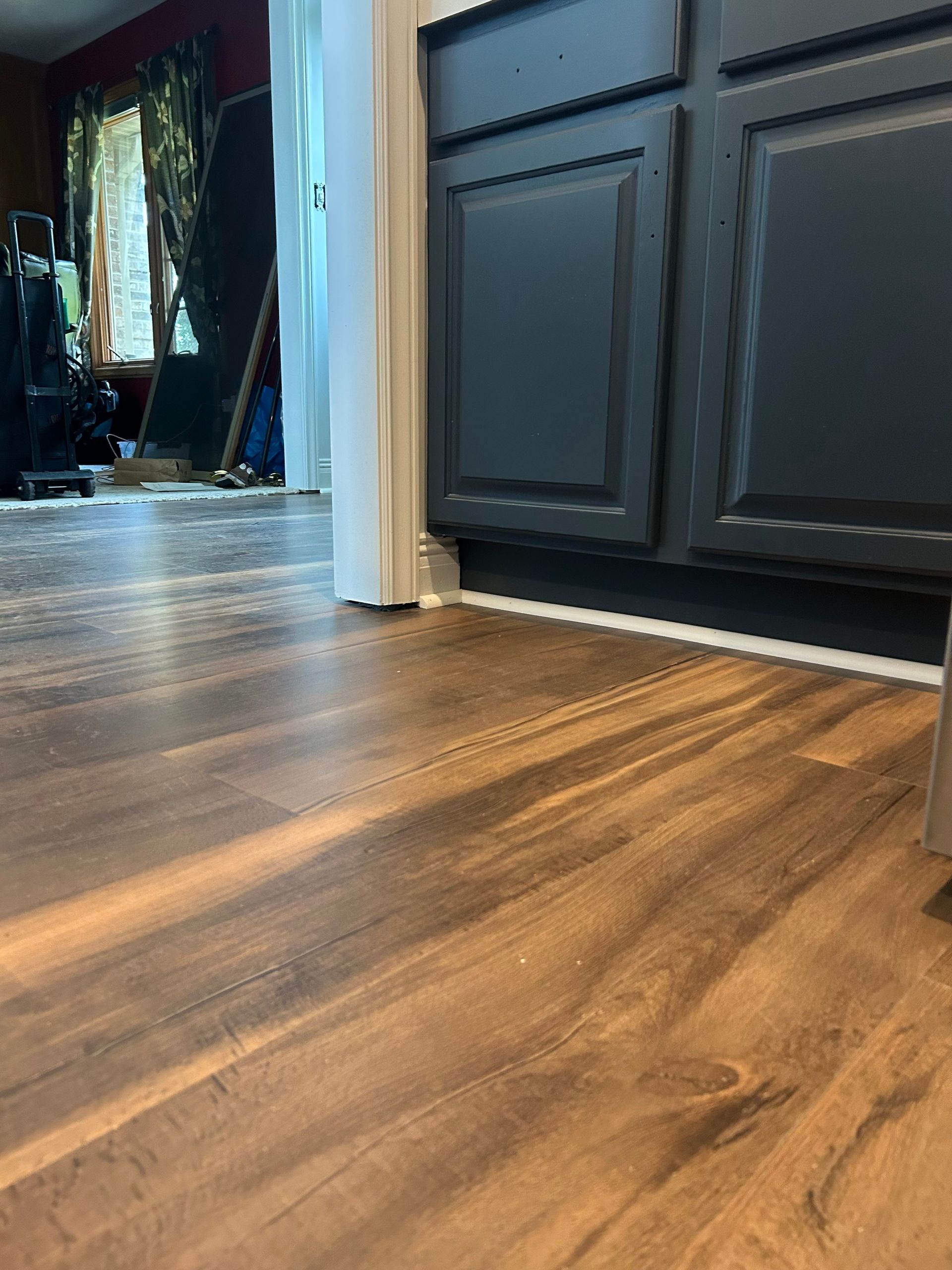 Dark wood-look flooring leads to a doorway; black cabinets are on the right.