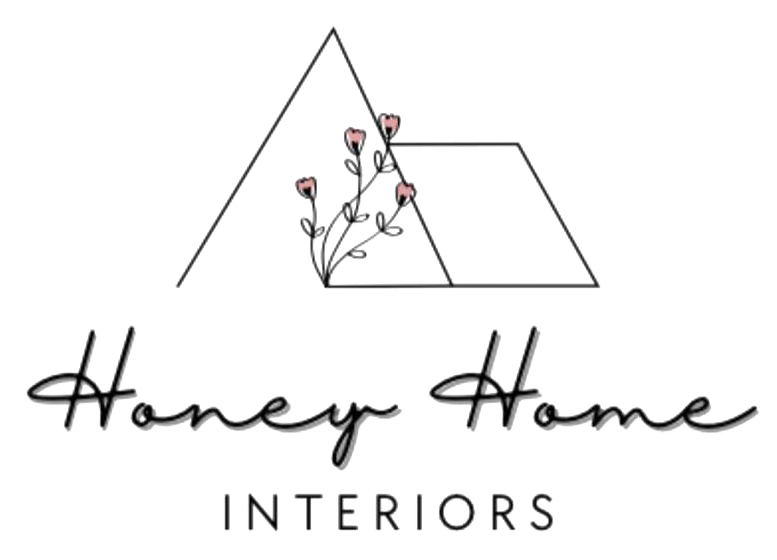 Logo: Geometric shapes and floral design with "Honey Home Interiors" text.