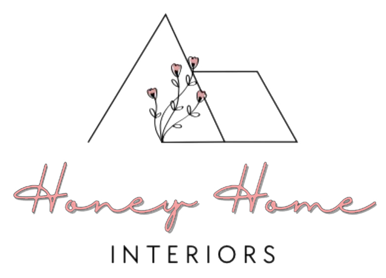 Logo: Geometric shapes and floral design with "Honey Home Interiors" text.