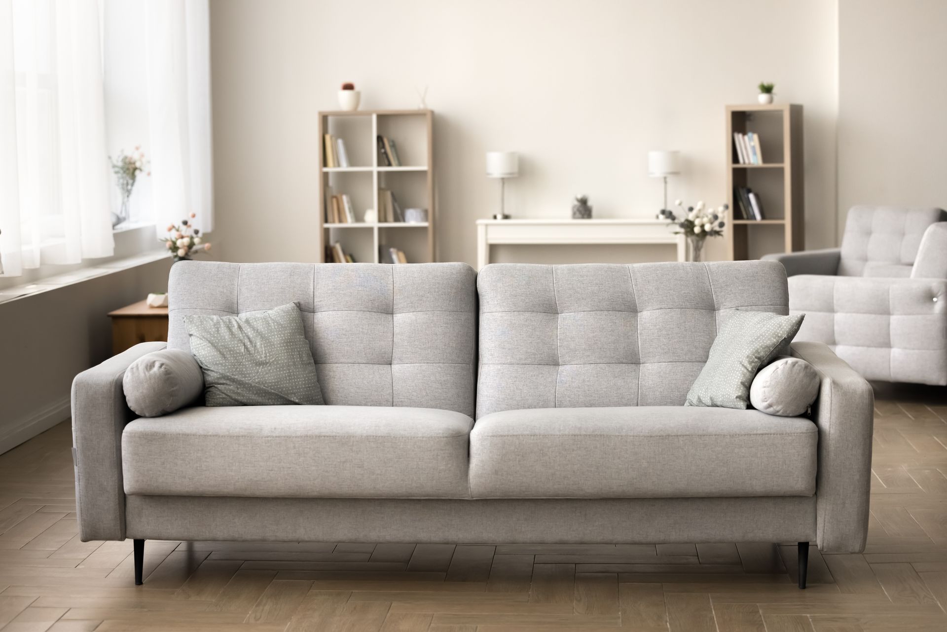 A light gray upholstered sofa sits in a minimalist room with wood floors, two bookshelves, and a matching armchair.