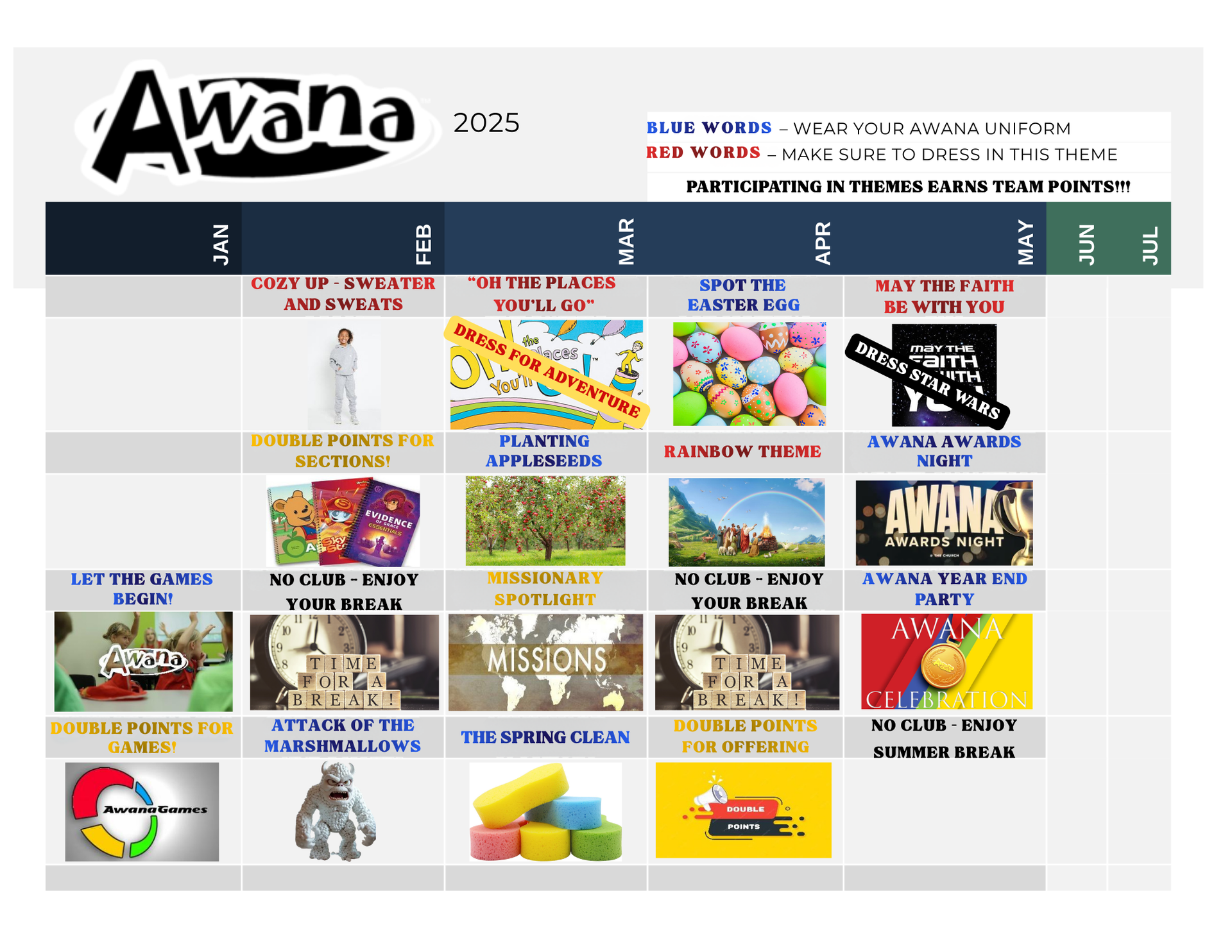 Awana 2026 calendar. Events include Back to the Future, Fall Festival, Thanksgiving, and Christmas.