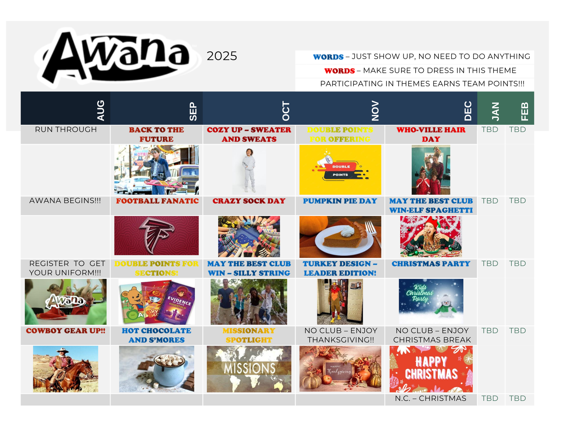 Awana 2026 calendar. Events include Back to the Future, Fall Festival, Thanksgiving, and Christmas.