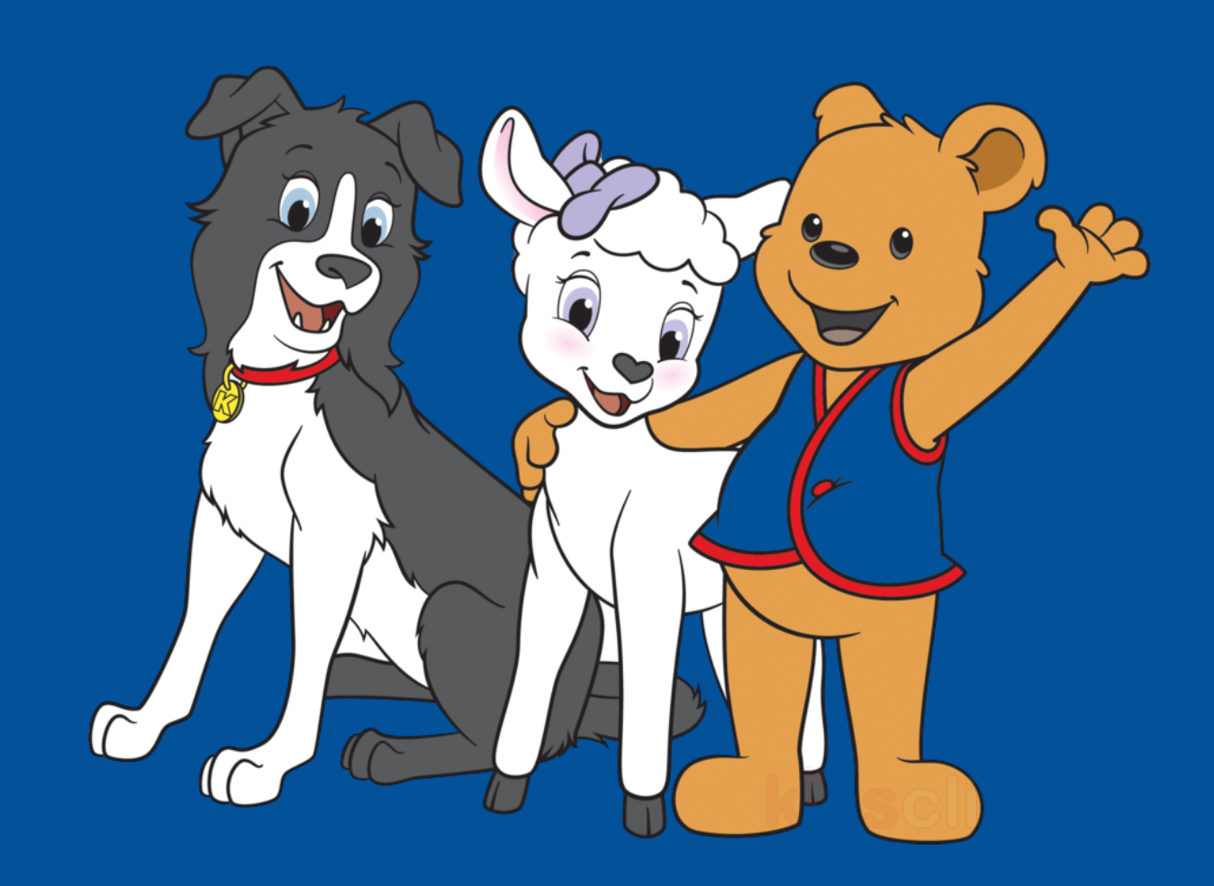 Dog, lamb, and bear cartoon characters smiling, set against a blue background.
