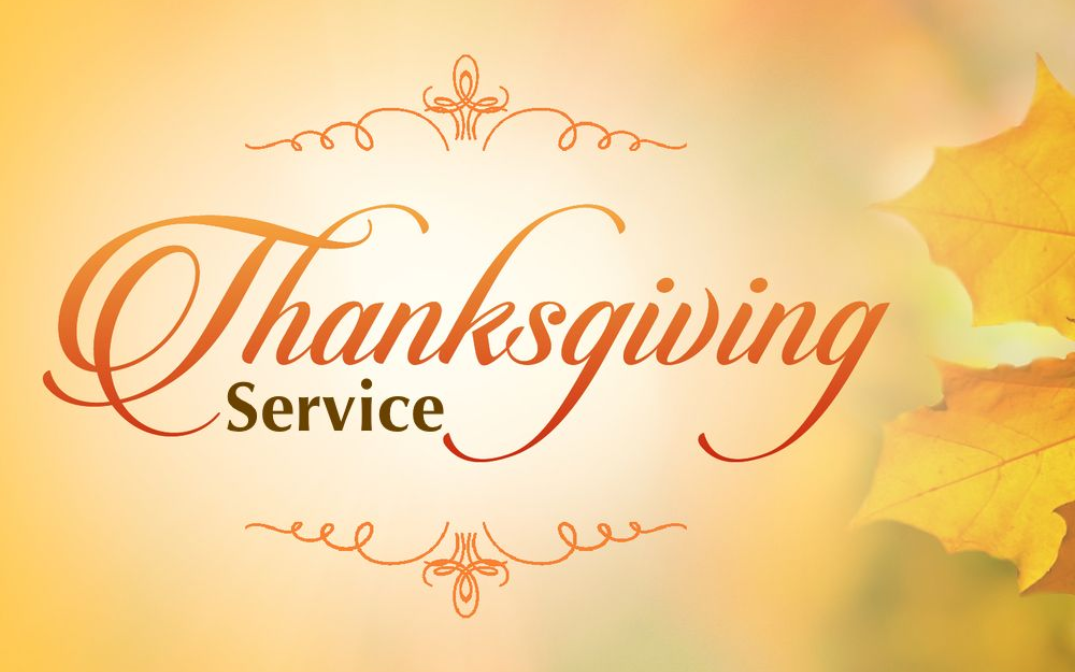 Thanksgiving Service announcement on a yellow and orange background, decorated with leaves and ornamental flourishes.