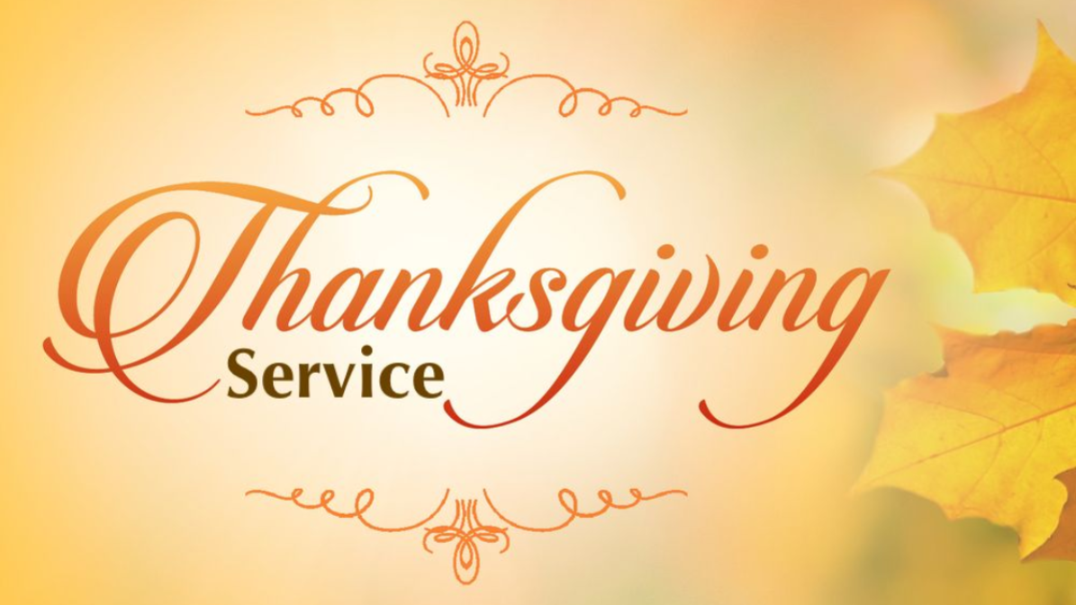 Thanksgiving Service announcement with cursive text on a golden-yellow background.
