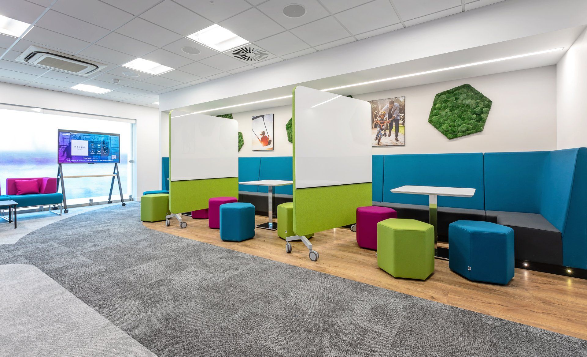 A room with a lot of colorful furniture and tables