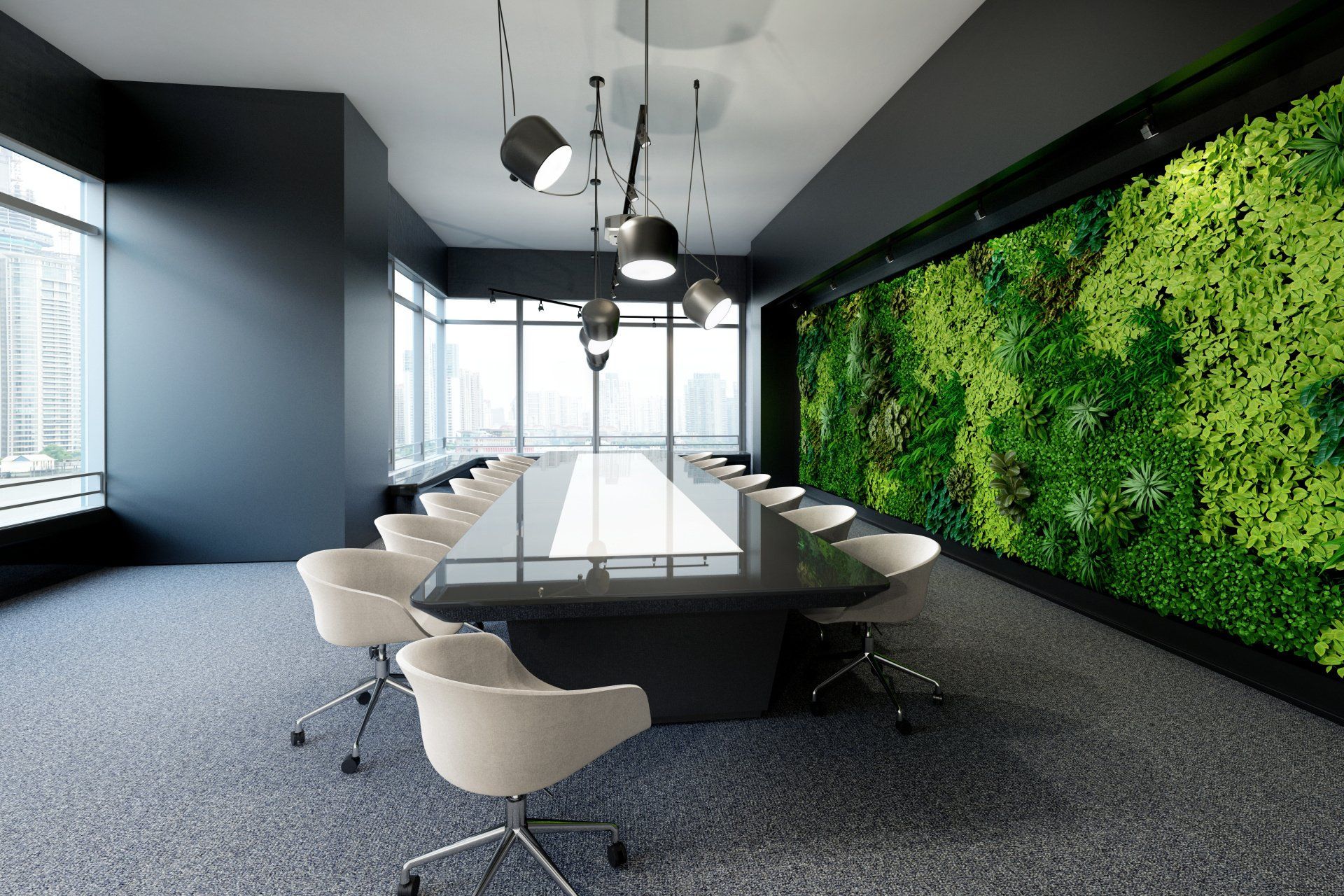 A conference room with a long table and chairs and a green wall.