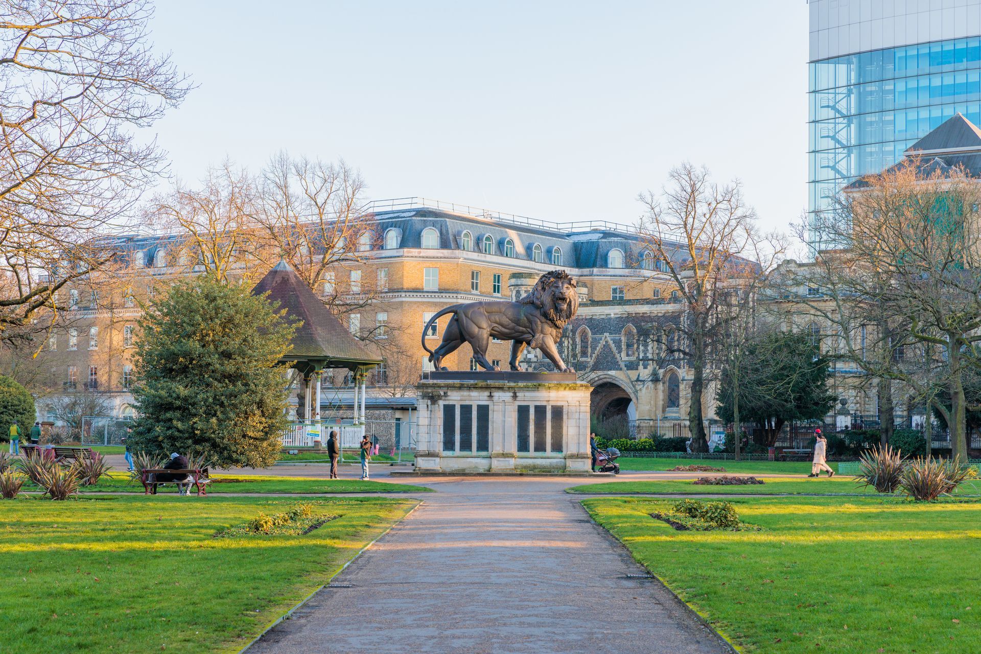 An photo of Forbury Gardens in Reading town centre with the iconic lion statue in the centre.