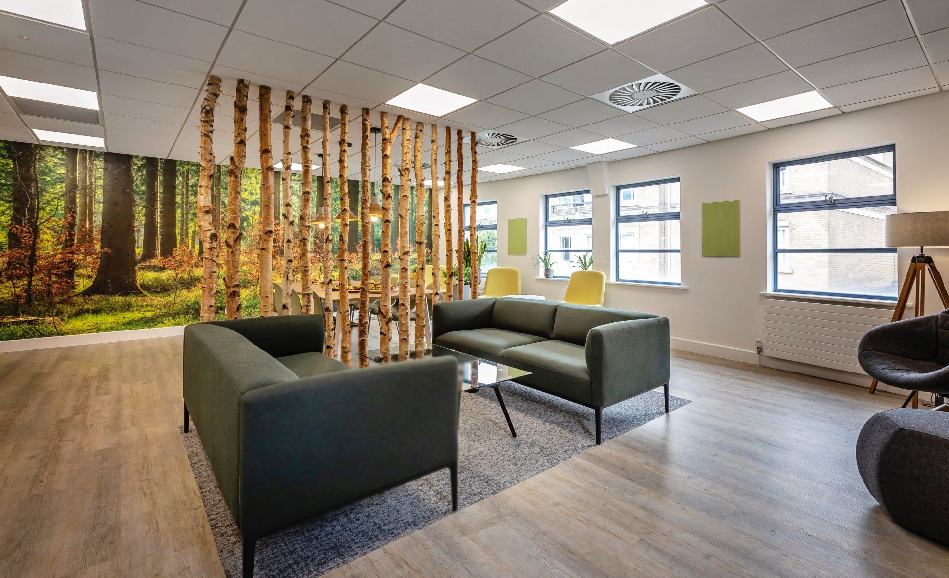 Breakout Area with a biophilic feature wall and tree trunk partition by Glenside