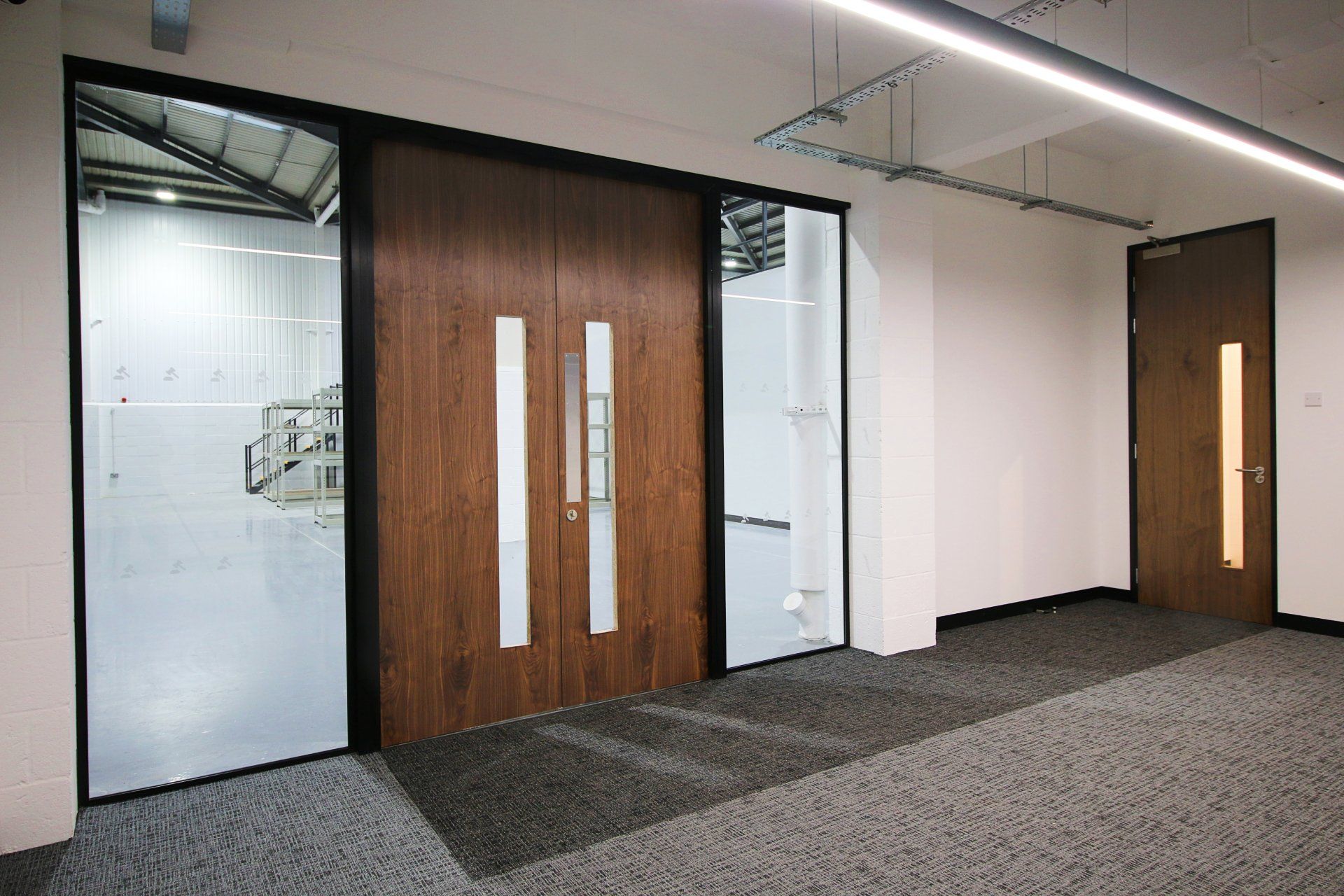 Office entryway with wooden double doors