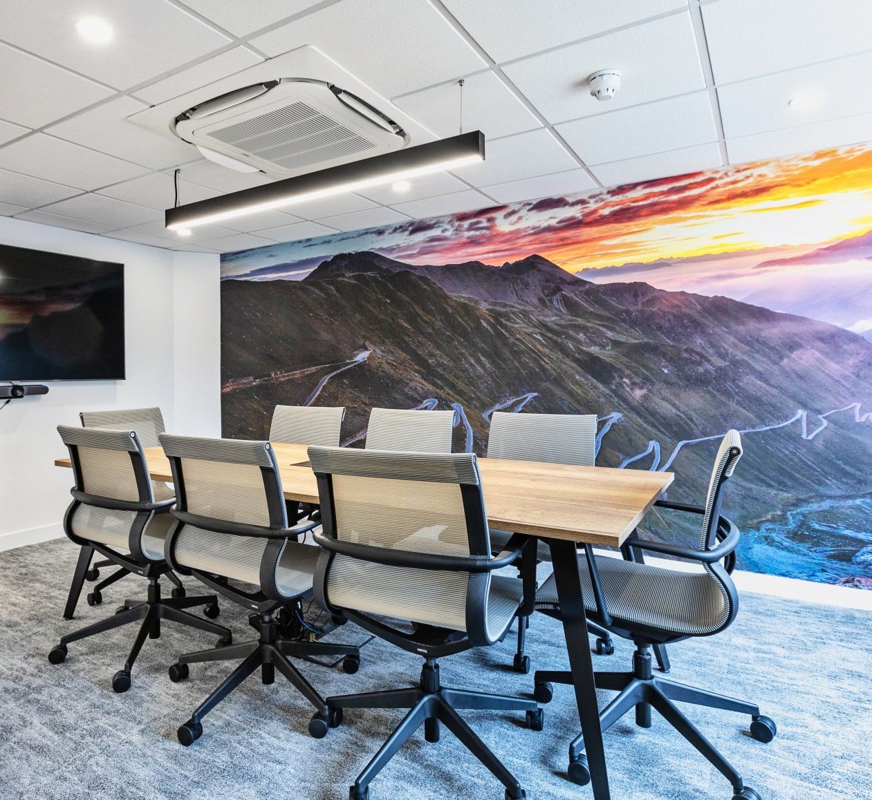 A conference room with a table and chairs and a picture of mountains on the wall.