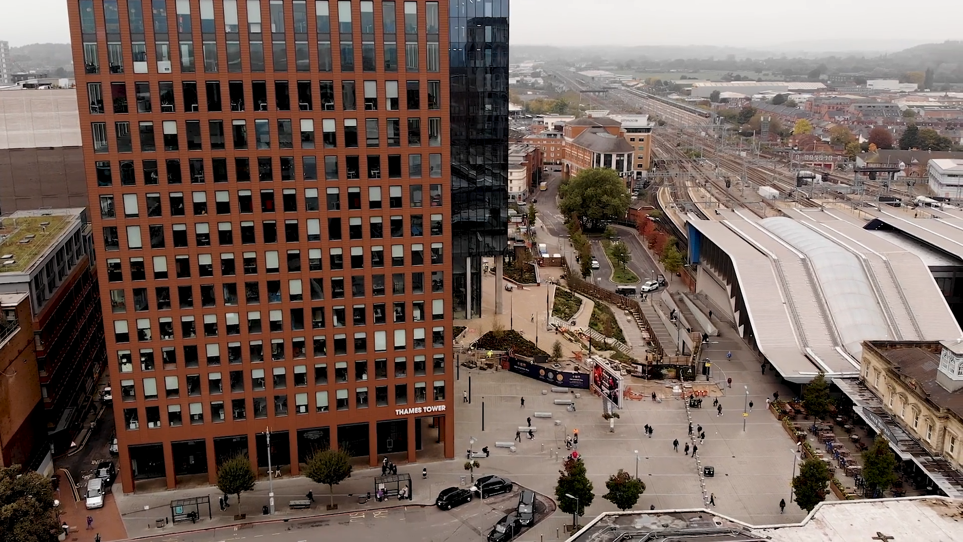An external view above Thames Tower and Reading Train Station