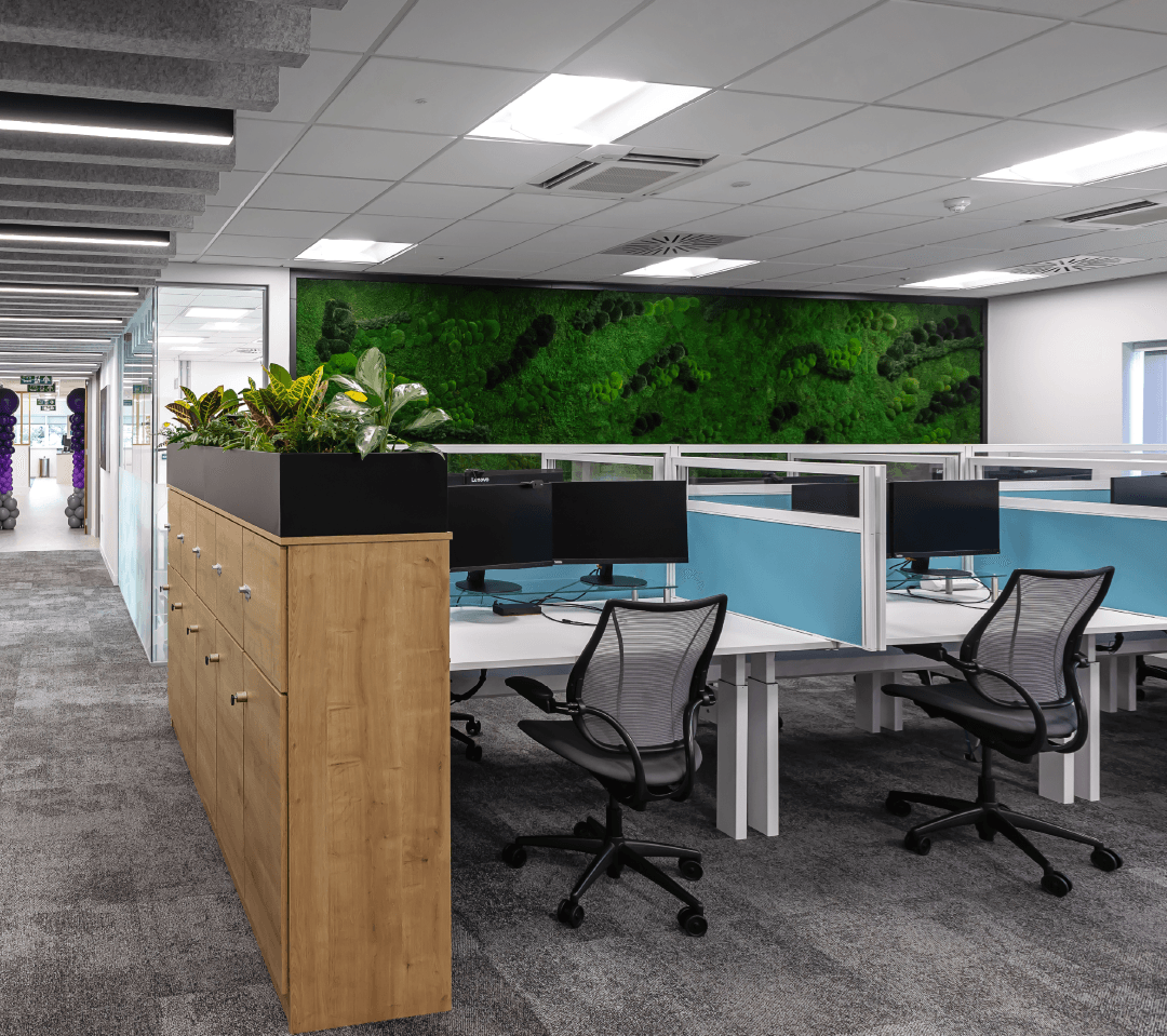 A large office with lots of desks and chairs and a green wall.