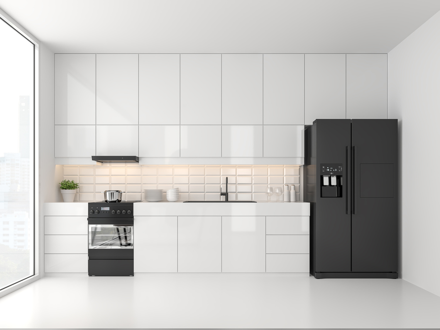 Modern minimalist kitchen with high-gloss white cabinets, a black stove, and a black double-door refrigerator.