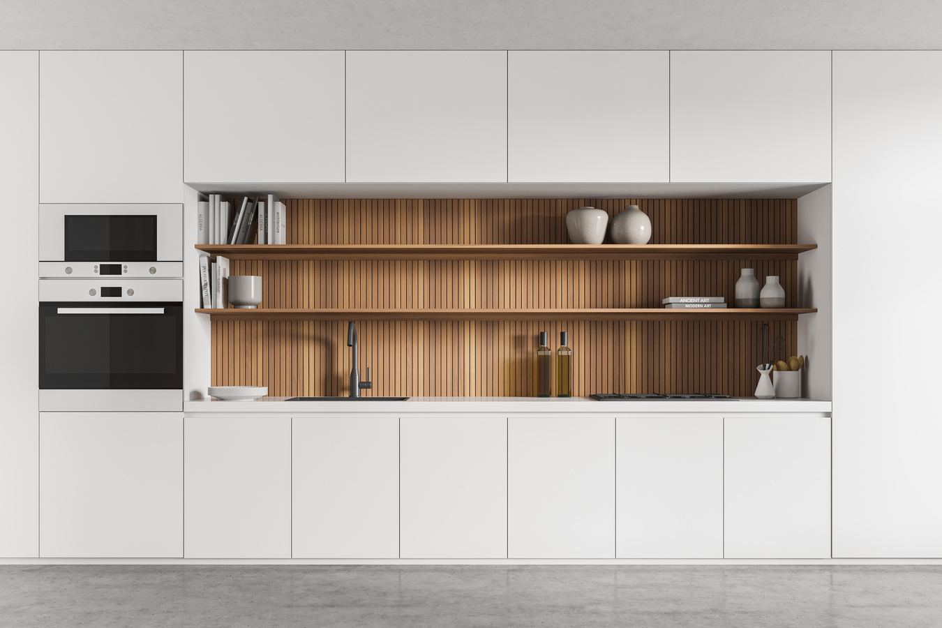 Modern kitchen with white cabinets, a wood-paneled backsplash with open shelving, and integrated stainless steel ovens.