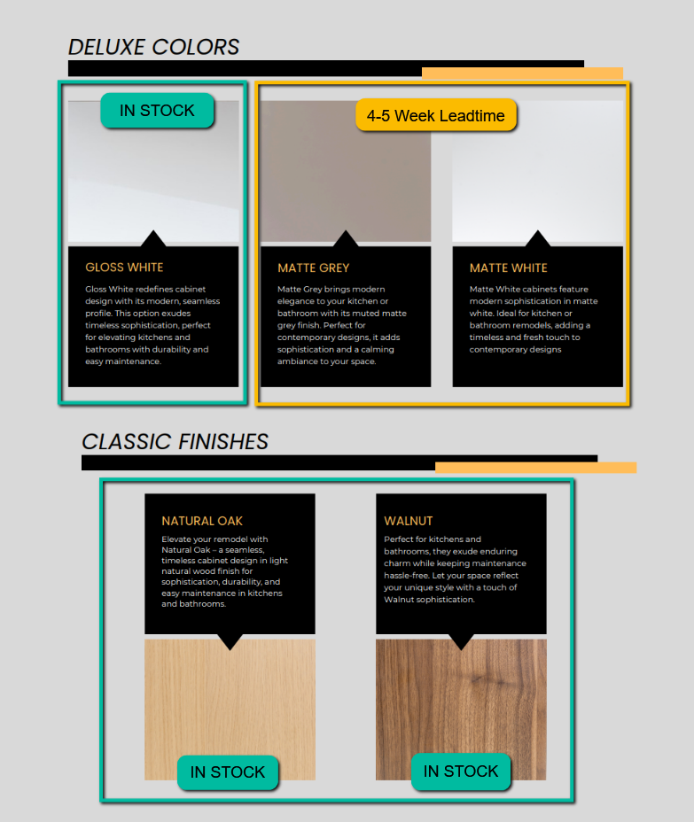 Product catalog showing color and finish options for cabinets, categorized by Deluxe Colors and Classic Finishes.