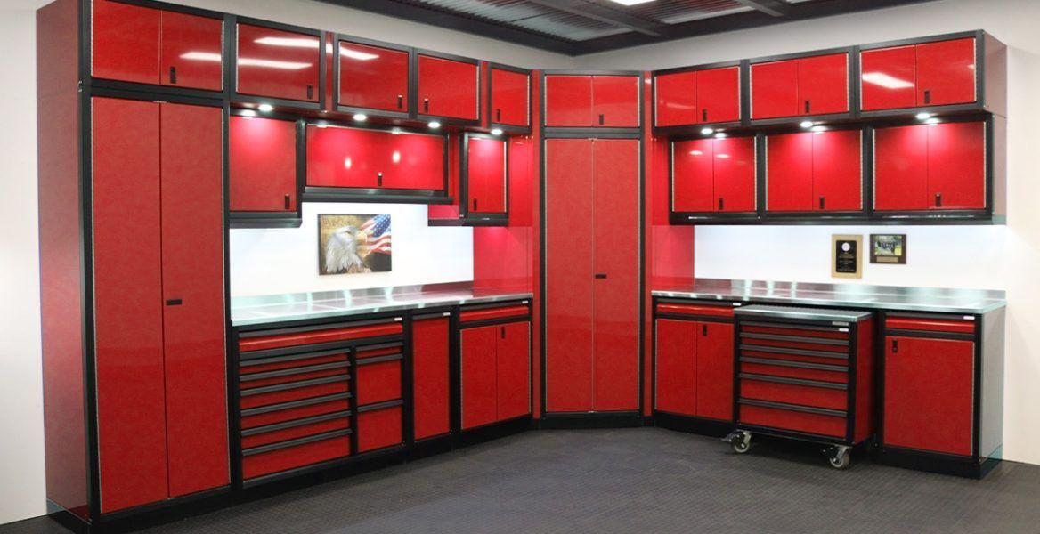 professional red Metal Garage Cabinets with tool and machine storage 