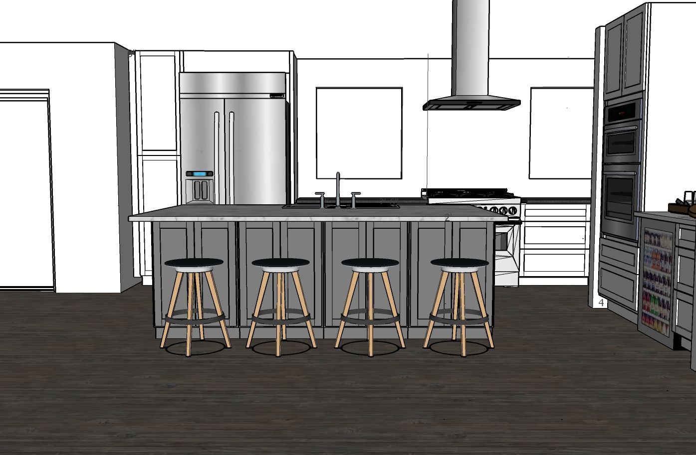 A digital architectural rendering of a modern kitchen with a central island, four stools, stainless appliances, and cabinets.