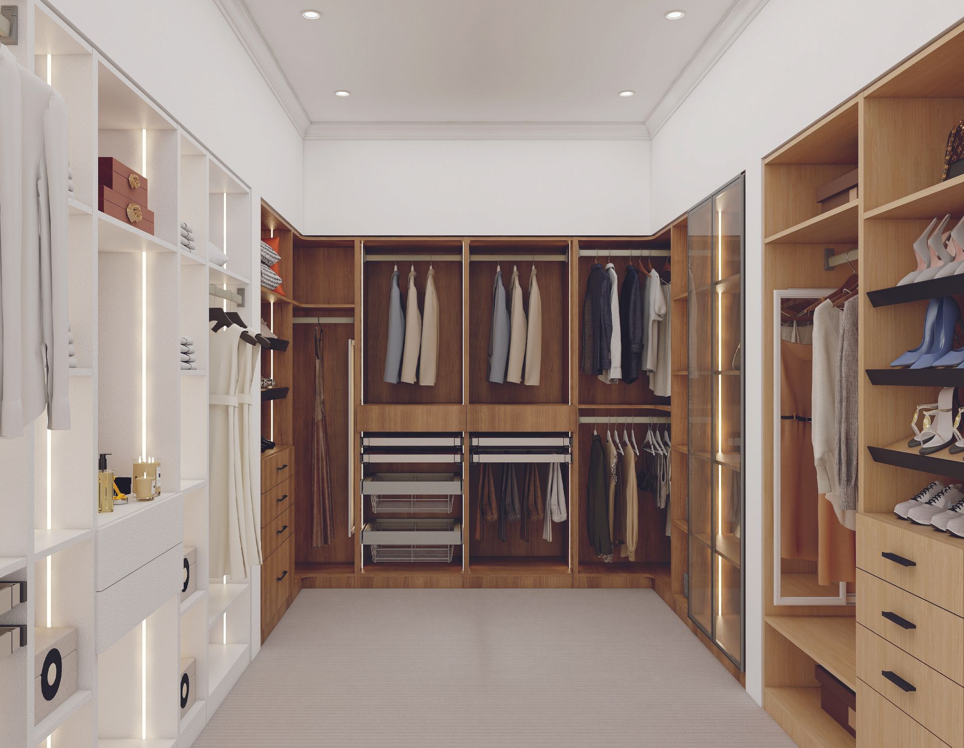two tone white and natural wood custom closet solutions Rocky Mountain Cabinets