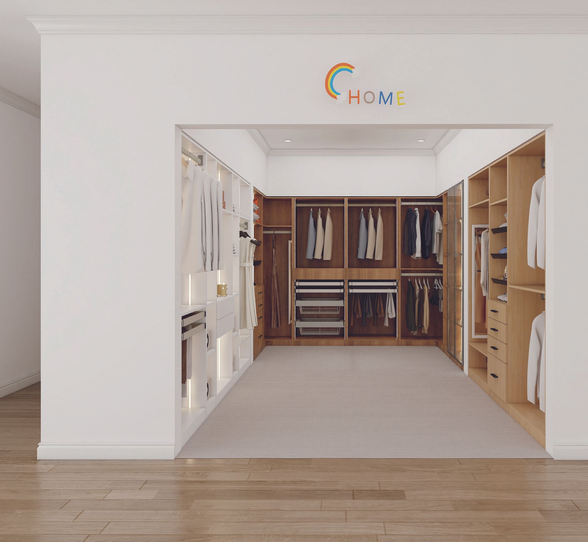 two tone white and natural wood custom closet solutions Rocky Mountain Cabinets