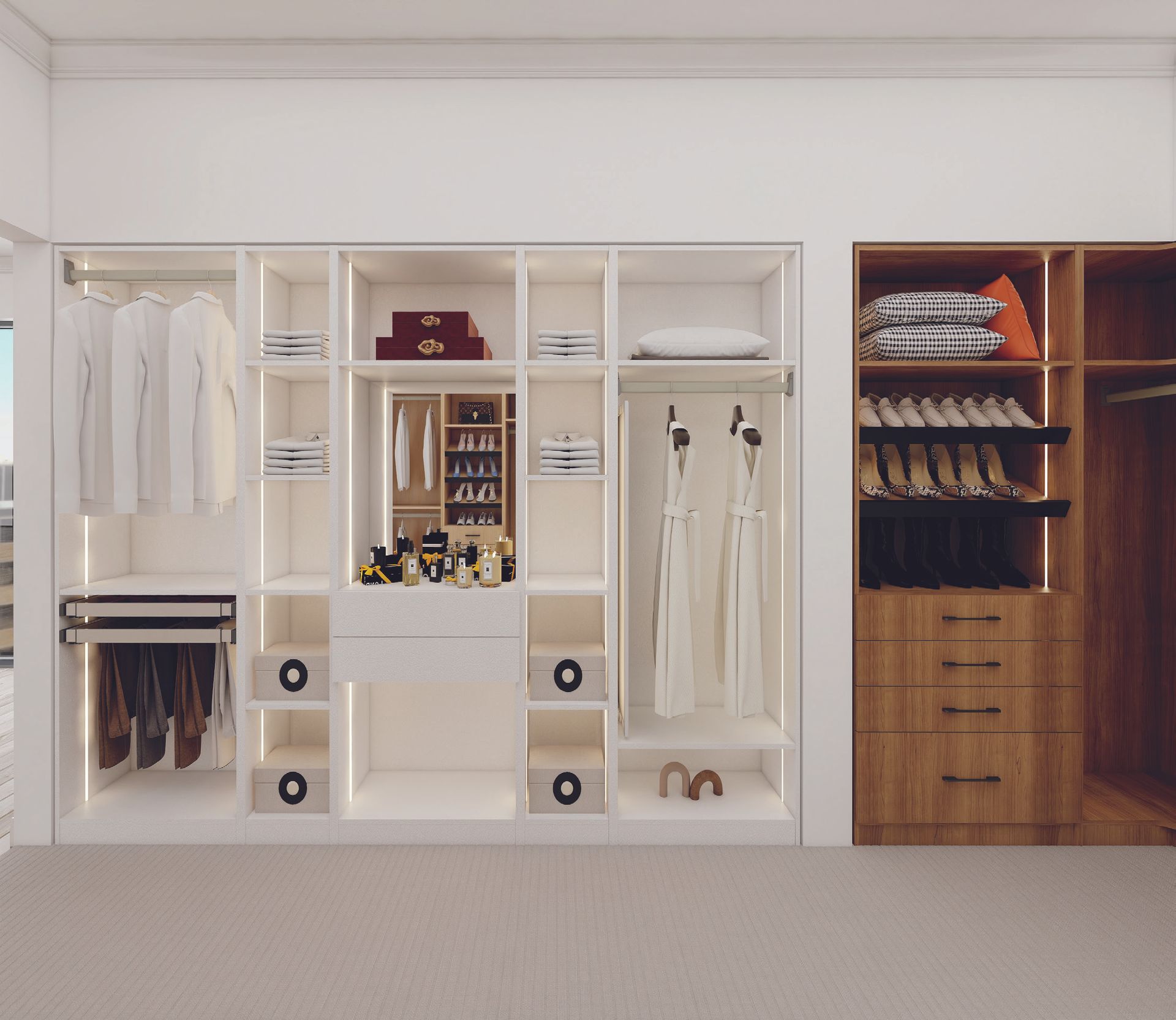 two tone white and natural wood custom closet solutions Rocky Mountain Cabinets