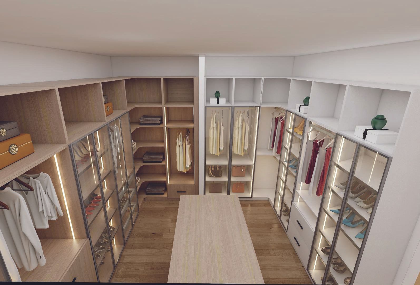 Lage U shape closet configuration two tone white and natural wood custom closet solutions Rocky Mountain Cabinets