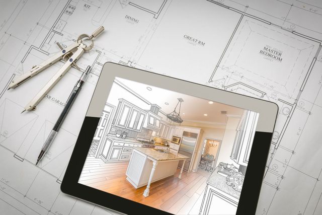 A tablet showing a kitchen sketch and design rests on architectural blueprints with a compass and pencil nearby.