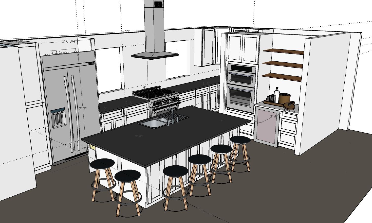 A 3D architectural rendering of a modern kitchen with a large central island, bar seating, stainless appliances, and shelves.