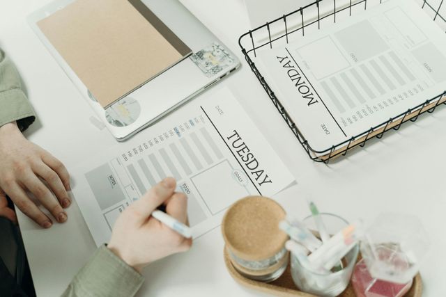 A person’s hands writing on a