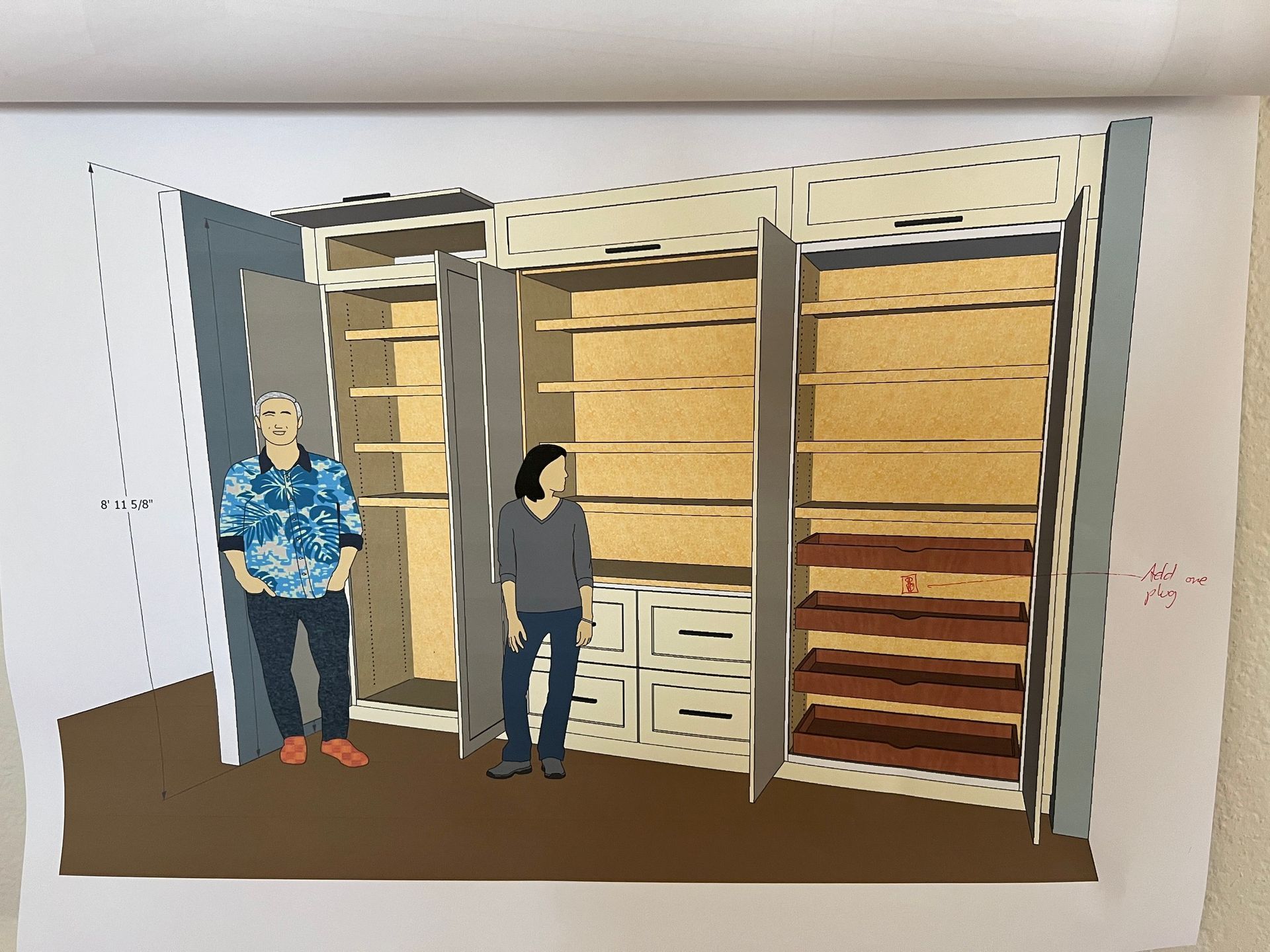 A digital render of two people standing in front of a wall-to-wall storage unit with open shelves and cabinets.