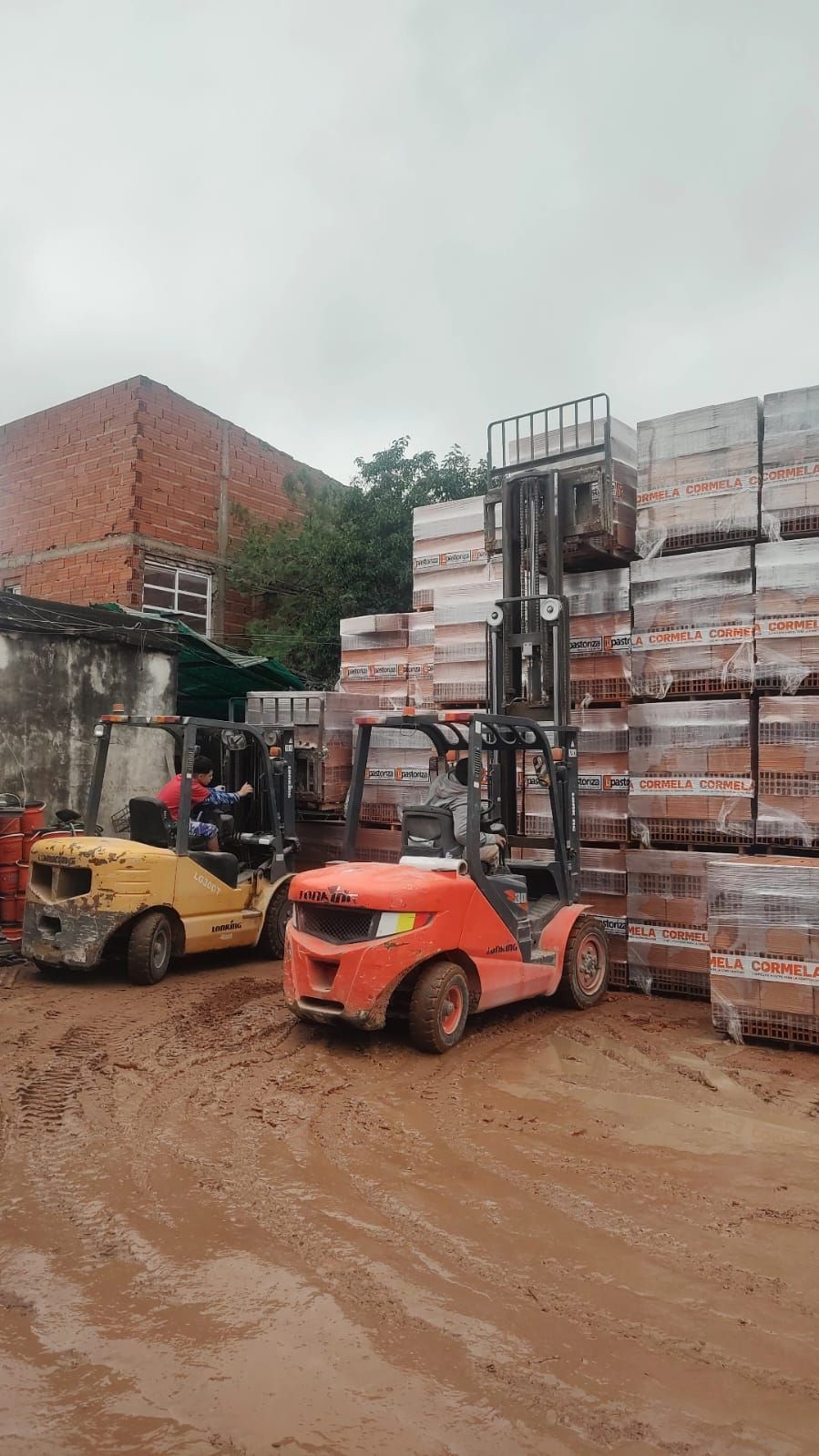Dos carretillas elevadoras están cargando ladrillos en un almacén.