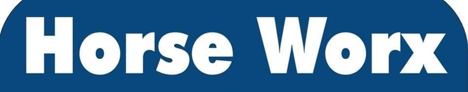Horse Worx logo in white text on a blue background.