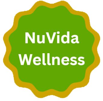 NuVida Wellness logo: green scalloped circle with white text, outlined in gold.