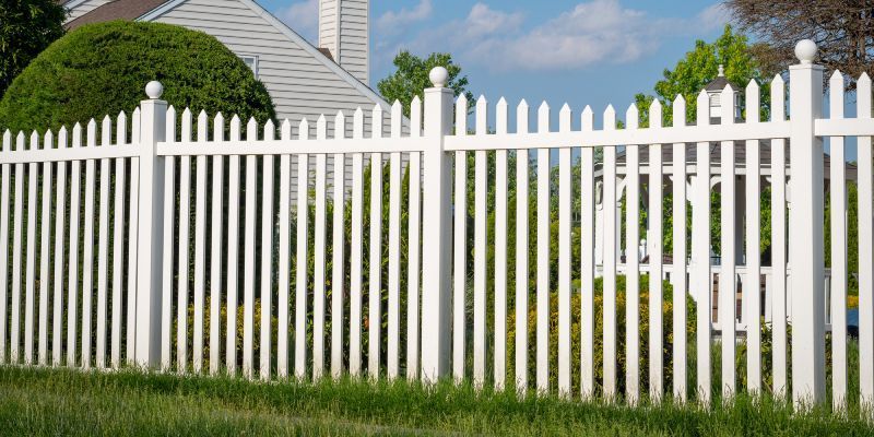 A white vinyl picket fence with decorative ball-topped posts stands in a yard with green grass and a house in the distance.