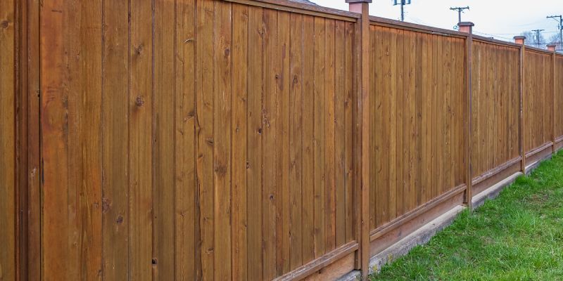 A stained wooden privacy fence with vertical panels and horizontal rails, bordering a grassy area under a bright sky.