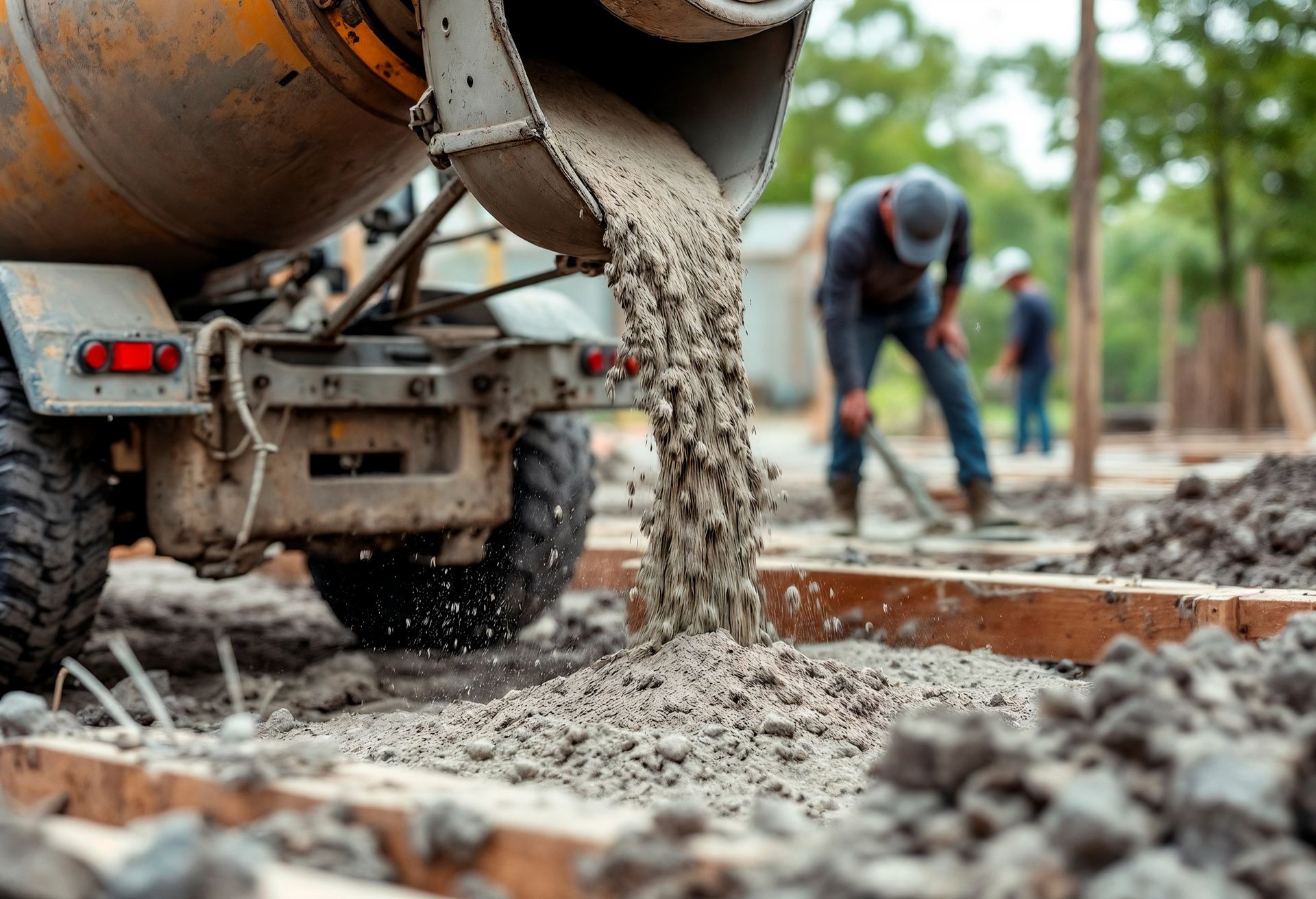 A concrete truck pouring wet cement into a wooden form on a construction site while workers prepare the foundation.