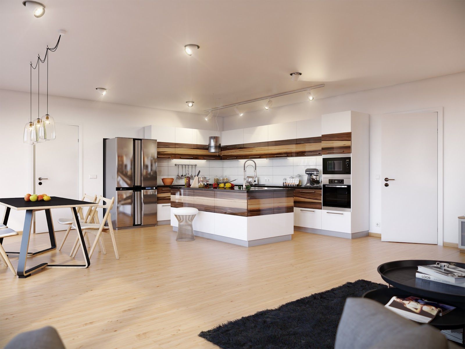 A modern open-plan kitchen with white and wood-toned cabinets, a kitchen island, dining table, and light wood flooring.