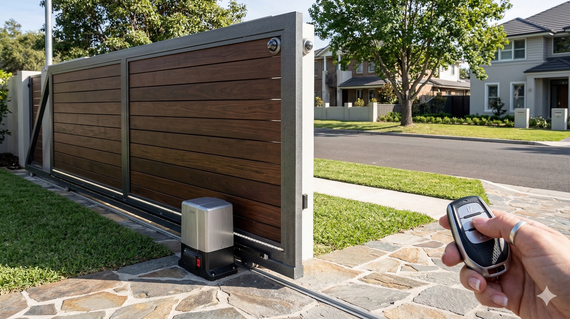 A hand holds a remote control in front of a modern wooden sliding driveway gate and its motor mechanism.