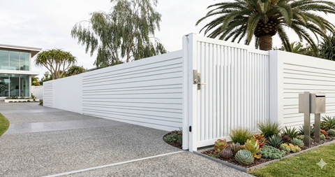 A modern white slatted fence and gate fronting a paved driveway with a contemporary home and palm tree in the background.