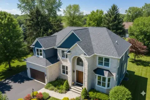 A large, two-story stone and blue-sided home with a dark shingled roof, set in a green, tree-lined yard on a sunny day.