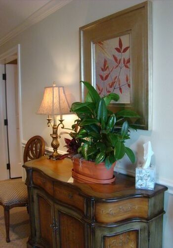 Ornate wooden cabinet with lamp, plant, artwork, and tissues. Beige walls and chair.
