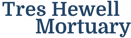 Text logo for Tres Hewell Mortuary in dark blue.