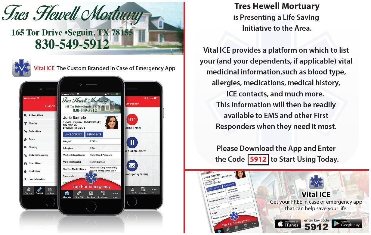 Advertisement: Tres Hewell Mortuary promoting a life-saving app called VITALICE, displaying three phones with app screenshots.
