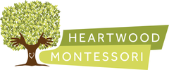 A logo for heartwood montessori with a tree and hands hugging it