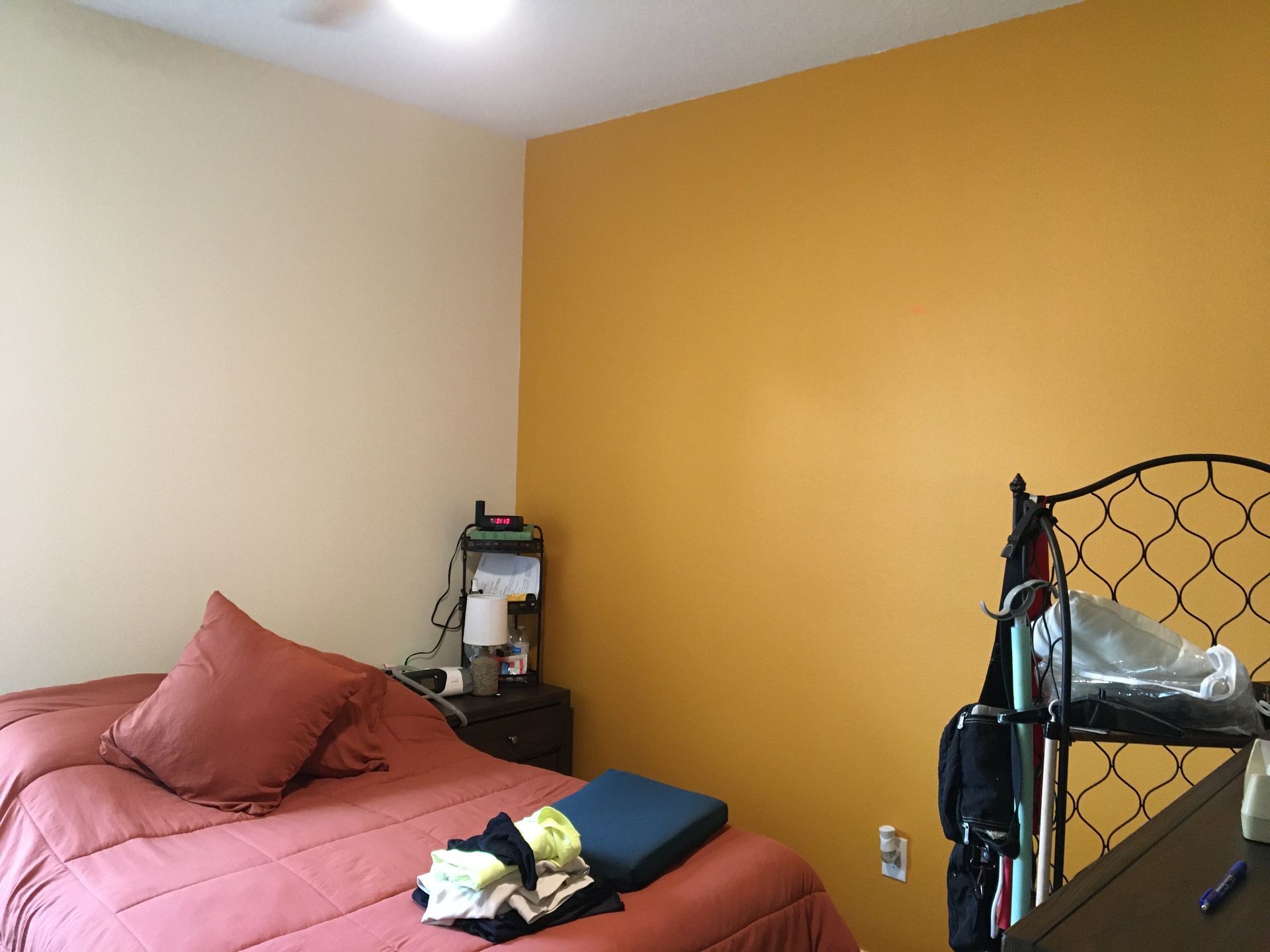 Bedroom with a bold accent wall showcasing residential exterior painting services near you in a vibrant color scheme.