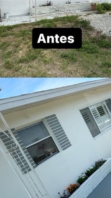 A before and after picture of a house with a sign that says antes